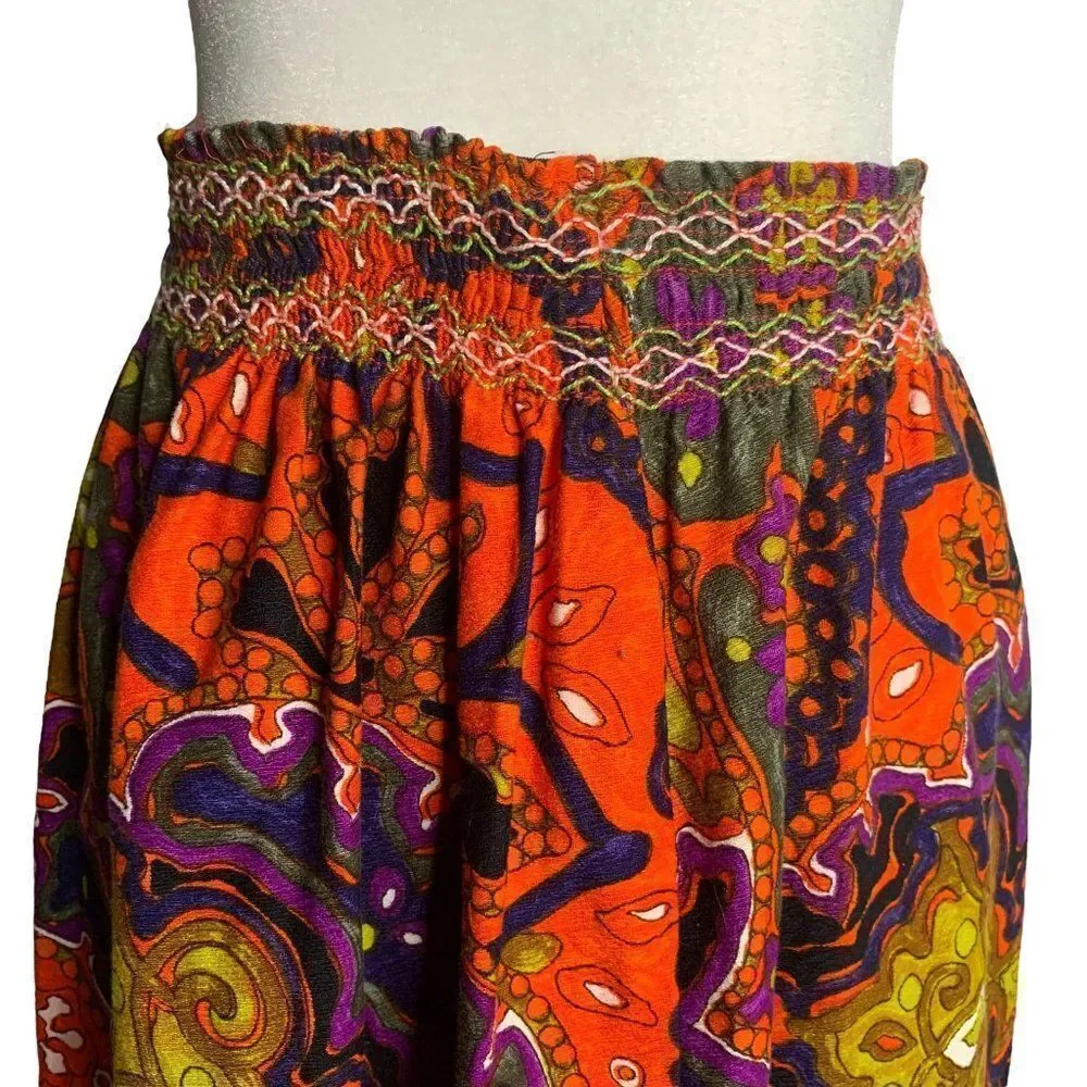 Vintage 70s Psychedelic Hawaiian Maxi Skirt M Orange Floral Barkcloth